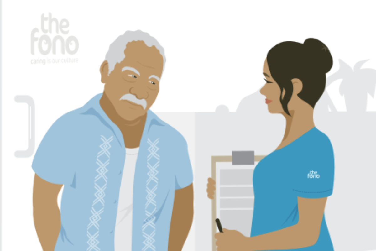 Illustrated image of old Pasifika man & nurse talking about oral health