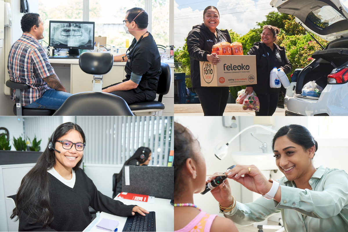 montage of staff, dentist showing x-ray to patient, feleoko delivery at house, fale talanoa call centre staff on a call, doctor checking young girls throat