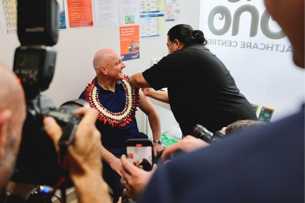 Prime Minister PM Christopher Luxon Visits The Fono City - Launch Flu Immunisation. PM getting his flu shot from Moana Manukia